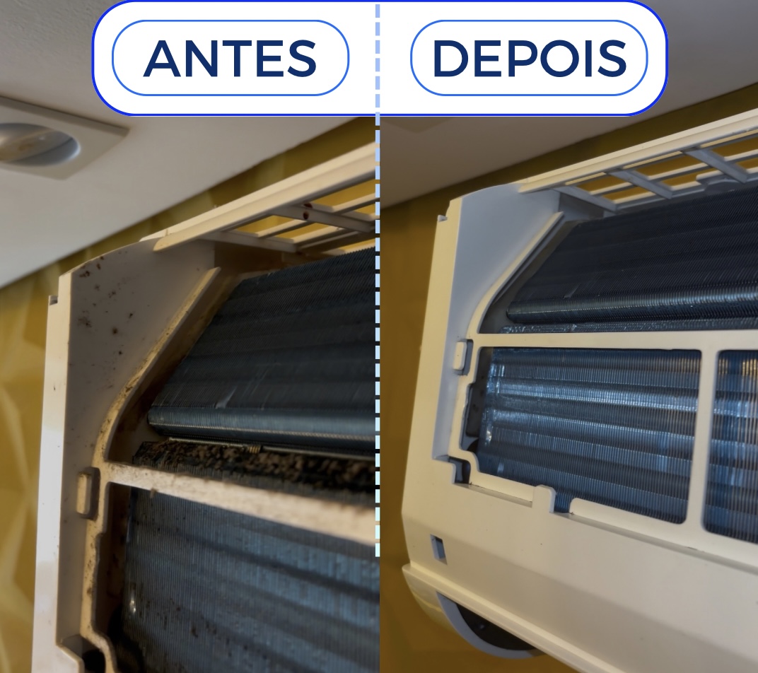 Antes e depois da limpeza da serpentina de um split