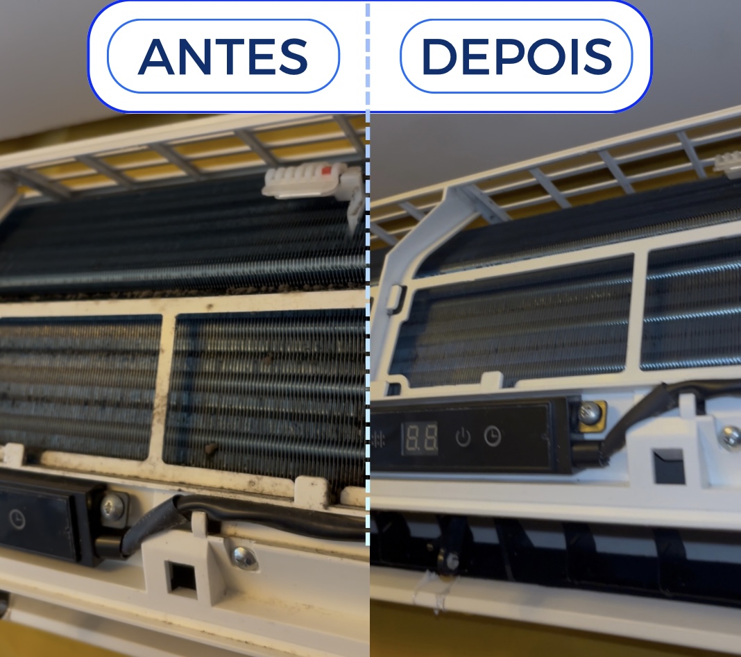 Antes e depois da limpeza interna de um ar-condicionado split